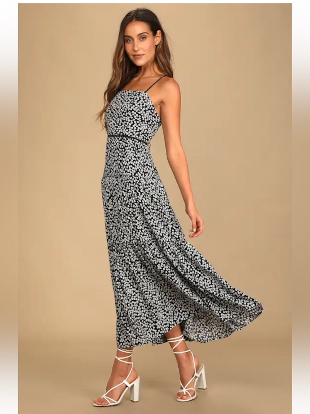 Lulu’s Kind Heart Black Floral Print Tiered Lace-Up Midi Dress Size S BRAND NEW
